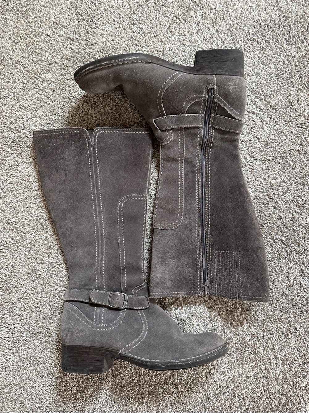 Clarks Gray Suede Mid-Calf Heeled Boots with Buckle Detail